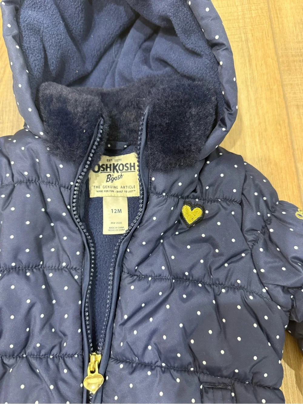 OshKosh B’gosh Baby Girls 12M Navy Polka Dot Hooded Puffer Winter Coat